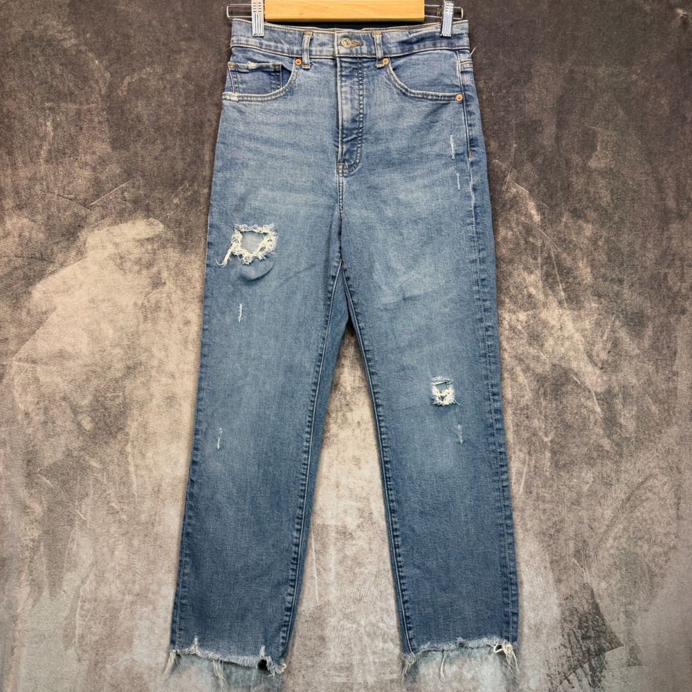 Express Modern Straight Super High Rise Jeans Womens 4S Medium Wash Distressed